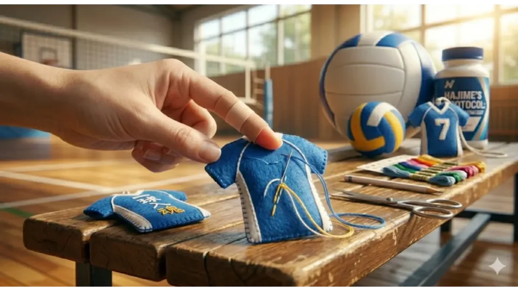 体育館の木製ベンチに置かれた背番号7のフェルトお守りの裏側に、絆創膏が貼られた指で手刺繍するマネージャーの手元のクローズアップ。指先の痛みと献身が勝利の力となる瞬間を実写風に表現。背景にはバレーボールとHAJIME'S PROTOCOL NOBIACEのサプリメントボトルが見える。