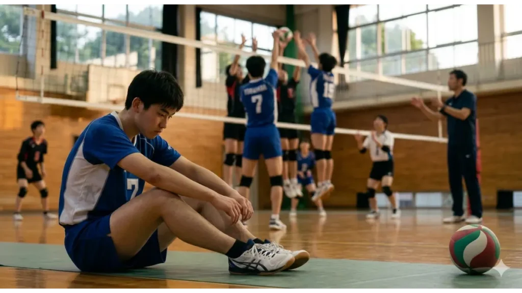 体育館のバレーボール練習中に、コートの端に力なく座り込む若い男性選手。ユニフォームを着て、ぼんやりとネットの向こうを見つめる。背景は他の選手たちの活気ある練習風景。オーバーワークによるメンタルな症状（やる気低下、集中力低下）を表現。