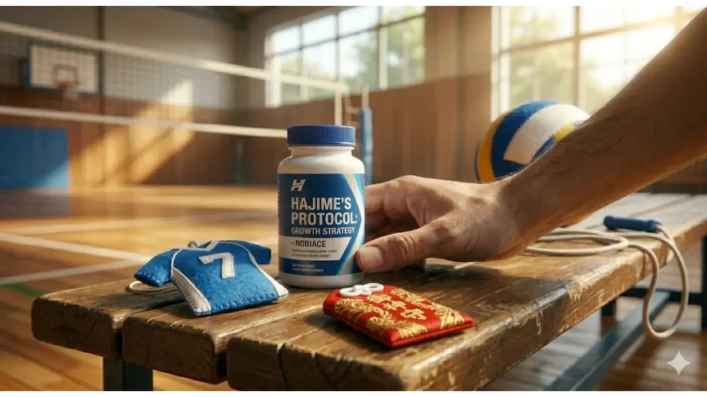 バレーボール部の体育館にある、お馴染みの使い込まれた木製ベンチに、手作りの背番号7のフェルトお守りと並んで、HAJIME'S PROTOCOL NOBIACEのサプリメントボトルが置かれている。隣には、150cmの選手の手が添えられ、その前には小さな、本物の神社の伝統的なお守りが置かれており、祈りよりも具体的な栄養補給を優先する戦略を表現している。背景にはバレーボールと縄跳びが見える。