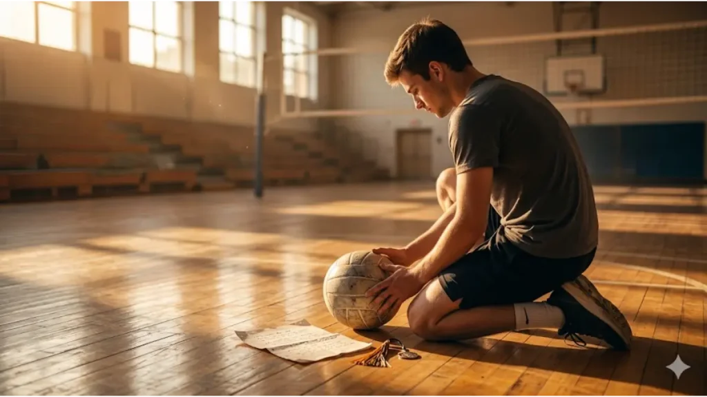 夕暮れの誰もいない体育館で、使い込まれたバレーボールと、名言が書かれた古いメモを見つめる元選手の、ノスタルジックで感動的な写真。言葉が一生の宝物になった瞬間を象徴している。