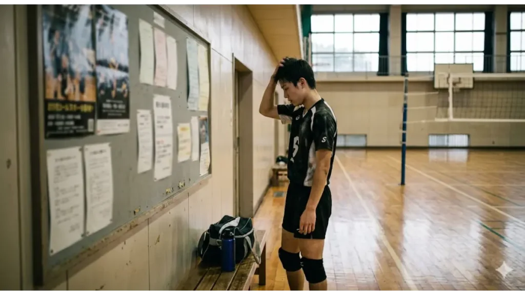 練習後の静かな体育館で、ぼんやりと掲示板を見つめ、何かを考えている若い男子バレーボール部員の背中。悩み解決のヒントを探している様子。