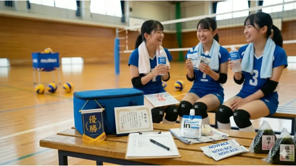 日本の中学校・高校の体育館で、これまで登場した女子バレーボール部員たちが笑顔で休息している。ベンチには、優勝ペナントや賞状、差し入れ計画が書かれたメモ帳(NOVI-ACEサプリメントが隣に置かれている)、おにぎりなどが並び、適切な差し入れと環境が勝利に直結することを実証している実写写真。