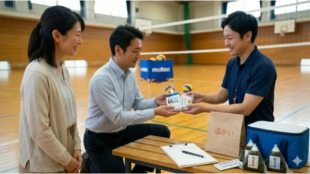 日本の中学校・高校の体育館で、バレーボール部の保護者が顧問の先生に、市販の個包装ゼリーやNOVI-ACE Supplement packetなどを丁寧な言葉とともに渡している実写写真。先生は笑顔で両手で受け取り、感謝を伝えている。ベンチにはこれまでの画像に登場したメモ帳やコンビニ紙袋、おにぎりも並び、配慮と感謝が感じられるシーン。