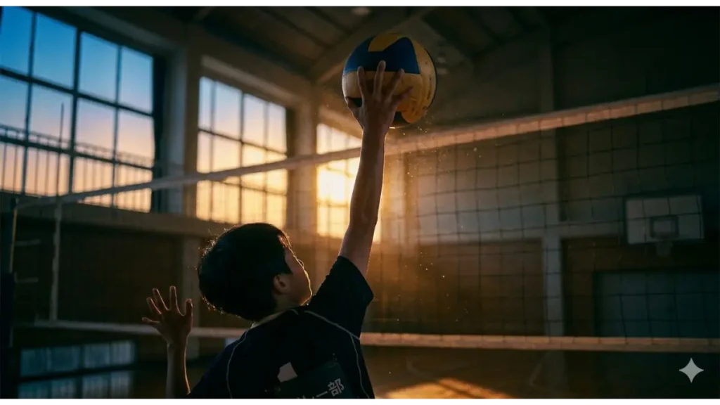 夕暮れの体育館で、空中でバレーボールをスパイクする瞬間の小柄なバレー部員の右手の指先。 