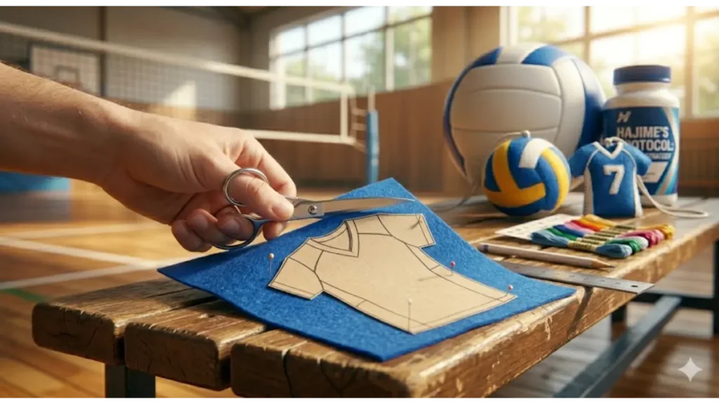 体育館の木製ベンチで行われている、バレーボール部ユニフォーム型お守りの精密な型紙作成作業。厚紙の型紙を使い、青いフェルトに裁縫用ハサミで慎重にカットしている手元を実写風にクローズアップ。見本として背番号7の完成品お守りが置かれている。