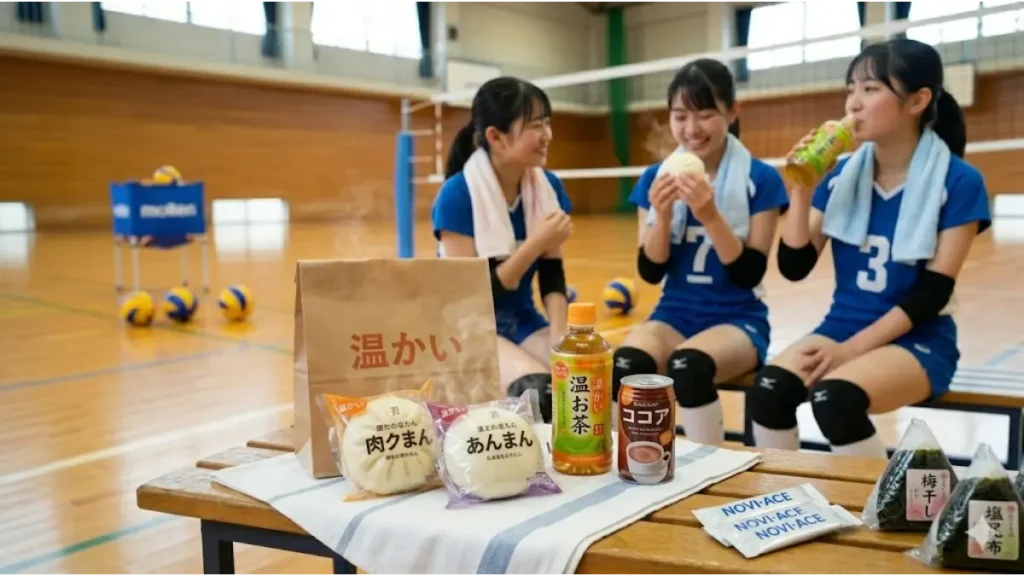 冬のバレーボール部活動の休憩時間、体育館の木のベンチに座る3人の選手たちと、中央の白布の上に置かれたコンビニの紙袋入り温かい肉まんやあんまん、温かいドリンク(お茶、ココア)の実写写真。選手の一人が温かい肉まんを両手で持ち、温まっているリアルな表情。もう一人が温かいペットボトル茶を手に取り、一口飲んでいる。これまでの supplement (NOVI-ACE) の個包装も端に置かれている。