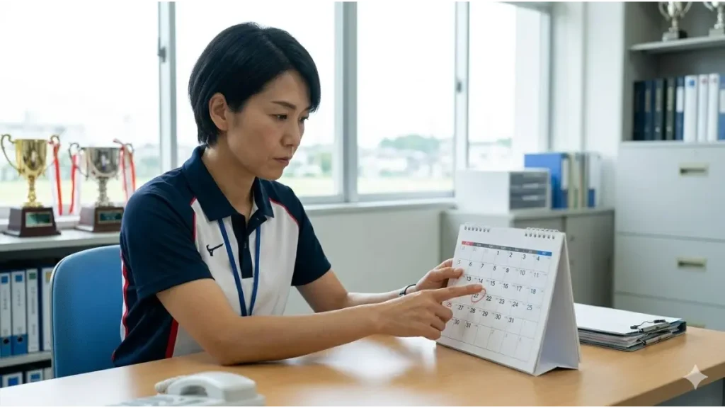 カレンダーの登録期限を指さして確認する、日本人の中学生バレーボールチームの指導者。