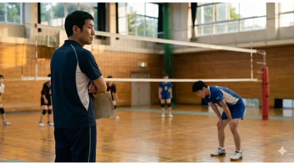 明るい屋内体育館で、バレーボール部の指導者（コーチ）が腕を組み、クリップボードを持ってコートを見つめている。右奥のコート上では、練習着を着た若い男子生徒が前かがみになり、疲れた様子で下を向いている。指導者が生徒のパフォーマンス低下や疲労のサインに気づこうとしている様子。