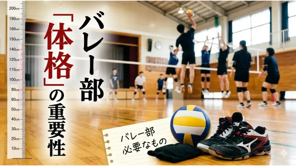 バレーボールとシューズが置かれた体育館のコート。背景には背の高い選手たちが練習しており、手前の壁には身長計と「体格の重要性」の文字。