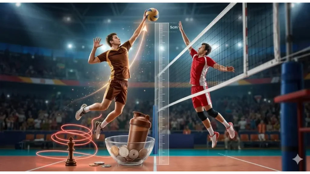 1日約180円の投資でライバルに5cmの差を付けるバレーボールの戦略図。小銭とサプリがもたらす最高到達点の向上を象徴するイメージ。
