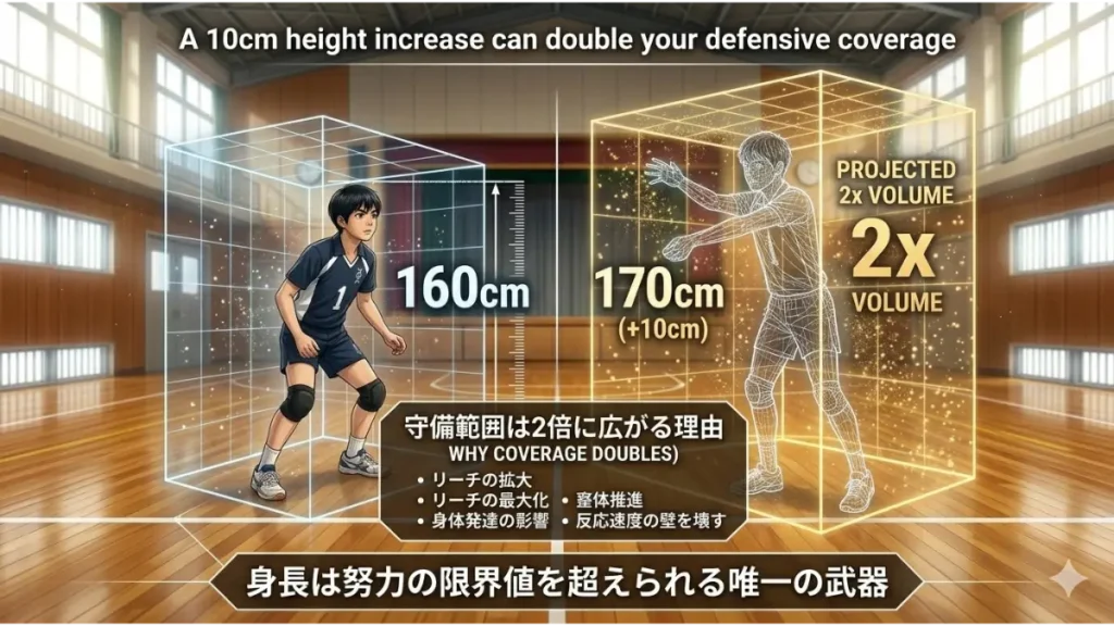 身長の増加がなぜ守備範囲（レシーブカバー範囲）にこれほどまで劇的な影響を与えるのかを、物理学的かつ幾何学的に解説したものです。