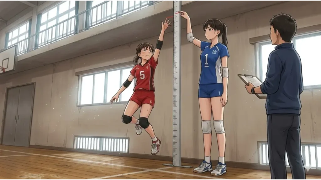 体育館でジャンプ力を測定する、日本人中学生女子バレーボール選手（男子）、身長差による最高到達点の残酷な違いを示すポスター。