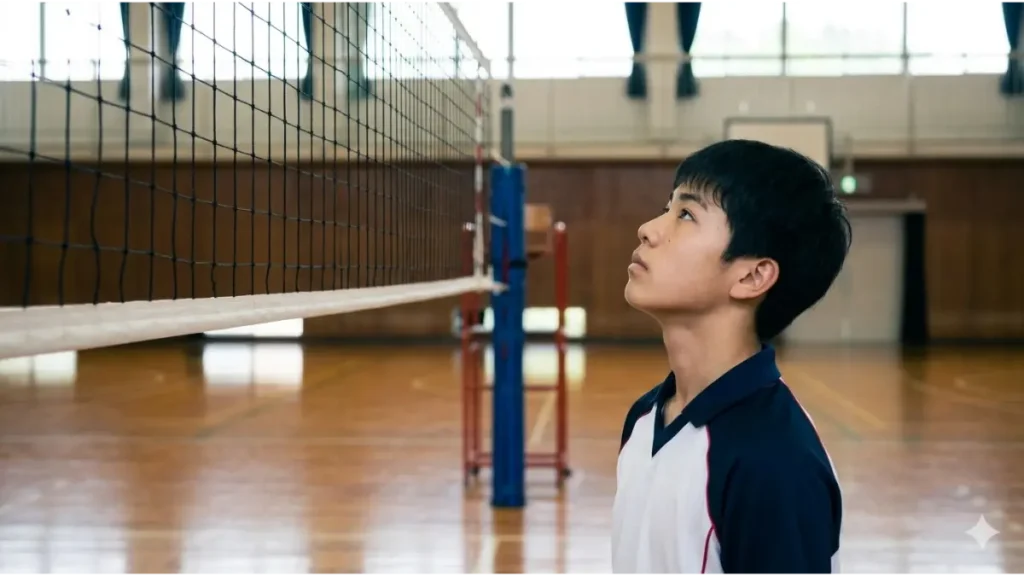 体育館でバレーボールネットを見上げ、身長差を実感する男子中学生