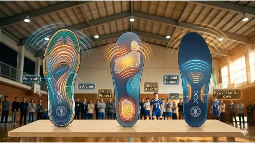 木製のテーブルに並べられた3種類の高性能バレーボール用インソールの比較図。左端（「Footcraft」、「3 Arches」のラベル）は複雑なアーチサポート、中央（「Max Protect」、「Shock Absorb」のラベル）は衝撃吸収パッド、右端（「Cuboid Support」、「Grip」、「Power Transfer Zone」のラベル）はグリップと安定性を強調している。機能を示す光沢とエネルギーグラフィックが施され、背景にはバレーボールコートの中学生選手がぼかして描かれている。