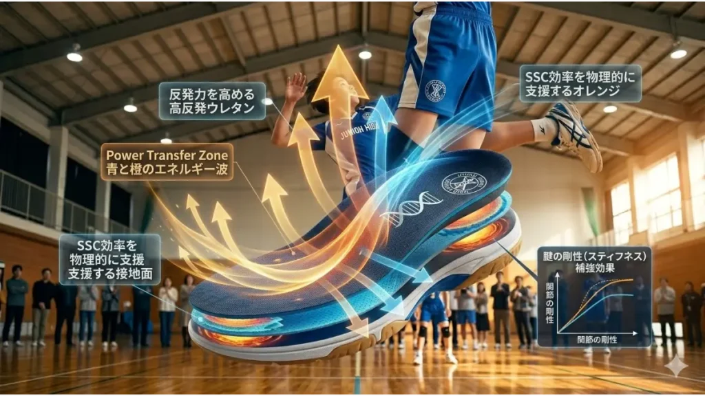 高反発素材がジャンプ力をサポートするバレーボール用インソールの機能イメージ図。