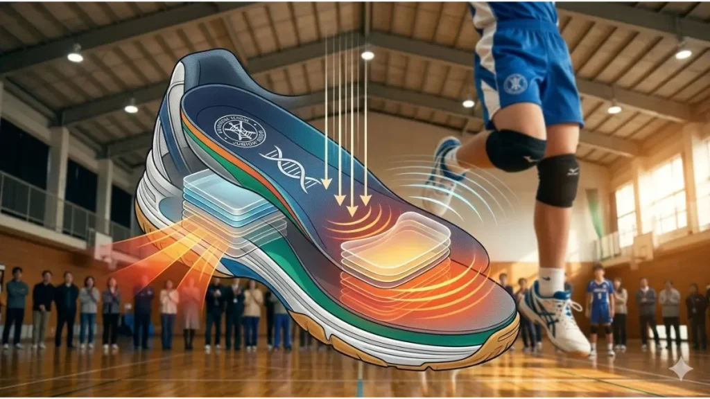 バレーボールシューズの内部クッション構造と衝撃吸収機能を示す図解。かかとと母趾球の下にある多層クッションが、着地の衝撃を分散させる様子が暖色系の波紋で視覚化されている。背景には中学生選手。