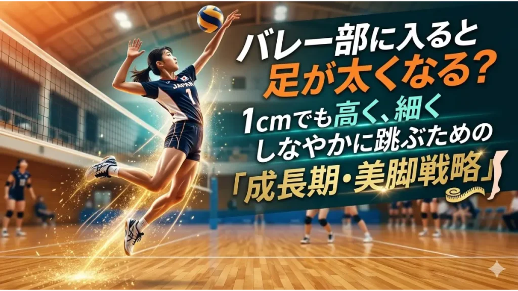 バレーボールのインドアコートで、若い女性選手が高くジャンプし、スパイクを打つ瞬間の躍動感あふれる写真。背景にはネット、体育館の照明、そして他のプレイヤーや観客がぼんやりと見える。選手は青と白のユニフォームを着て、真剣で集中した表情。彼女の足は力強く伸び、ジャンプによる高さを強調しているが、太さではなく、瞬発力、高さ、そしてしなやかな強さを表現するようにスタイライズされている。