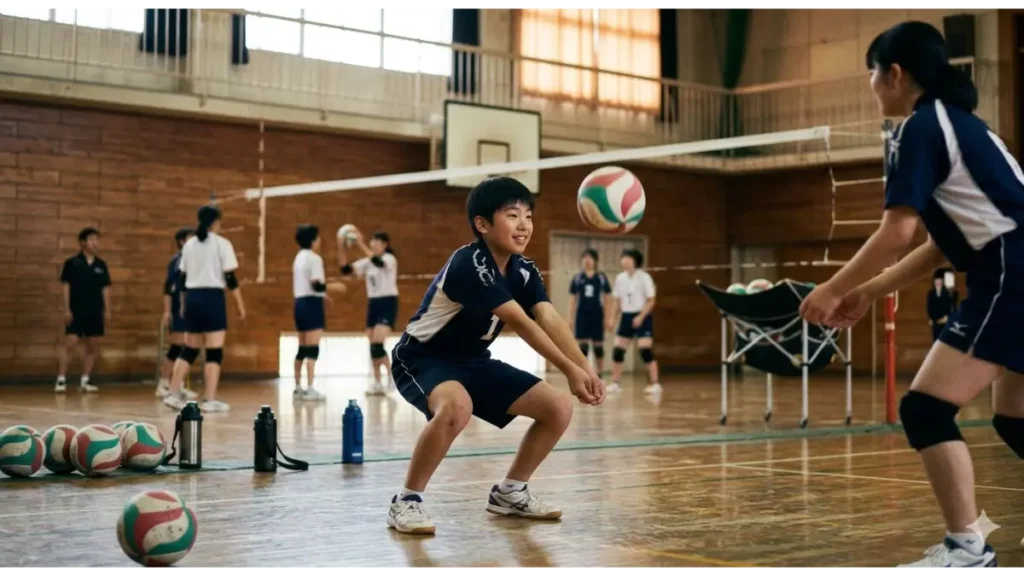 中学校の体育館で、真剣な表情でバレーボールのアンダーハンドレシーブ練習をする初心者と、それを横で指導する経験者の男子生徒。背景には他の部員がパス練習をしており、活気ある部活動の様子が伝わる実写風画像。