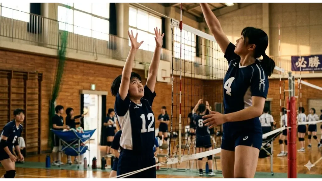 中学校の体育館で、真剣な表情でレシーブ練習に取り組むバレーボール初心者の女子生徒。周囲には他の部員がパス練習をしており、活気ある部活動の様子が伝わる実写風画像。