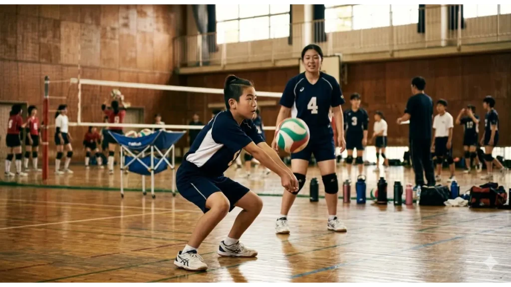 中学校の体育館で、真剣な表情でバレーボールのアンダーハンドレシーブを練習する初心者の男子生徒。コーチがフォームを指導しており、背景には他の部員がパス練習をしている。実写風画像。