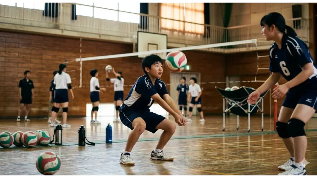 中学校の体育館で、真剣な表情でバレーボールのアンダーハンドレシーブ練習をする初心者と、それを横で指導する経験者の男子生徒。背景には他の部員がパス練習をしており、活気ある部活動の様子が伝わる実写風画像。