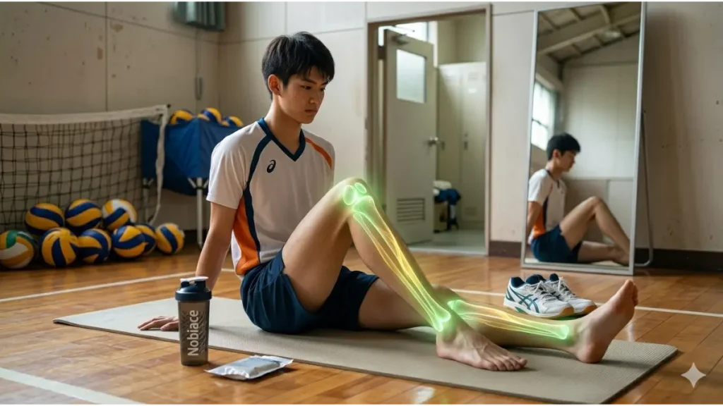 日本人中学生男子バレーボール選手(image_0.png、image_4.pngと同じ人物)が、練習後の体育館の片隅で、理想的な姿勢で静的ストレッチ(特に腸腰筋と太もも前側)を徹底して行っている実写風画像。彼の脚は、理想的に長く伸びており、脛骨の骨端線周辺が、以前の画像で見られたように、穏やかで温かい緑の光で静かに光っている。彼の横には、空になった専用シェイカーとバレーボールが置かれ、彼が栄養補給も徹底していることを示している。彼の表情は穏やかで、自分の成長を確信している。