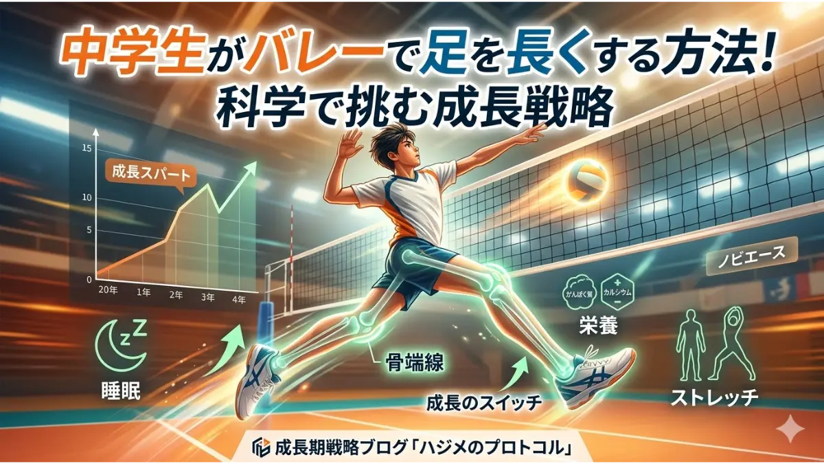 中学生男子バレーボール選手がジャンプしてスパイクを打つ、動的で科学的なアイキャッチ画像。選手の脚の骨が透過し、Glowing Greenで光る骨端線と「成長のスイッチ」を強調している。背景には「成長スパート」グラフ、「睡眠」「栄養」(ノビエース含む)「ストレッチ」のアイコンが配置され、ブログタイトル「中学生がバレーで足を長くする方法!科学で挑む成長戦略」と「成長期戦略ブログ「ハジメのプロトコル」」のロゴがある。