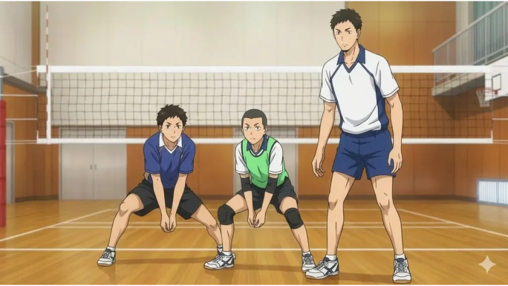 体育館でネットを背に低い構えをとる中学生男子のリベロと、その隣に立つ身長の高いチームメイトのアタッカー。身長差が明確。