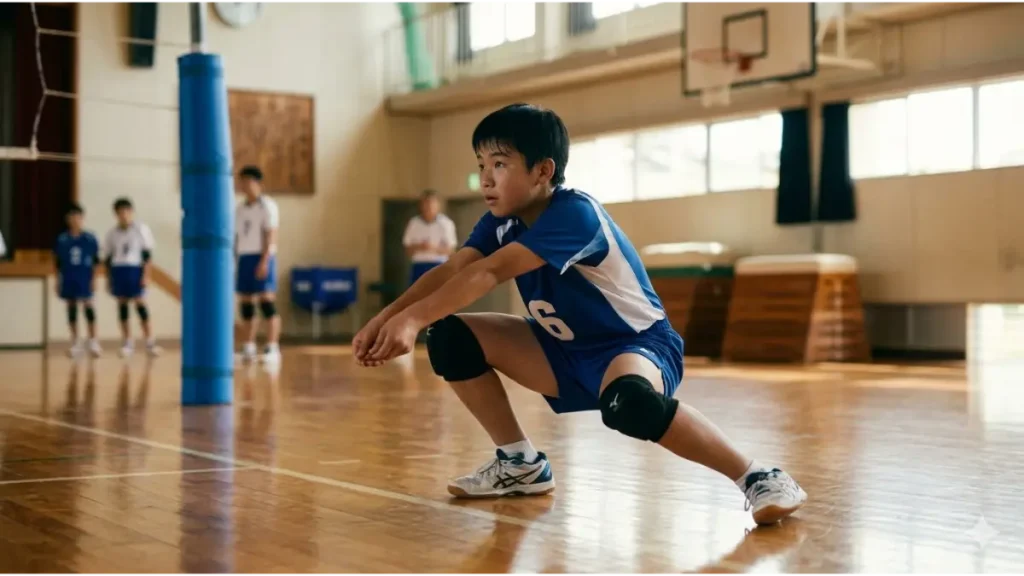 低い姿勢で鋭くレシーブを構える日本人バレーボール選手