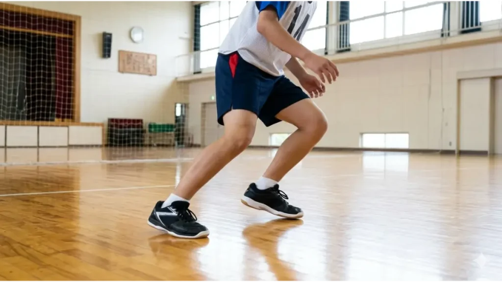 体育館の木床の上で素早く横に移動する中学生男子のリベロの足元。シューズがコートを捉える瞬間に焦点。