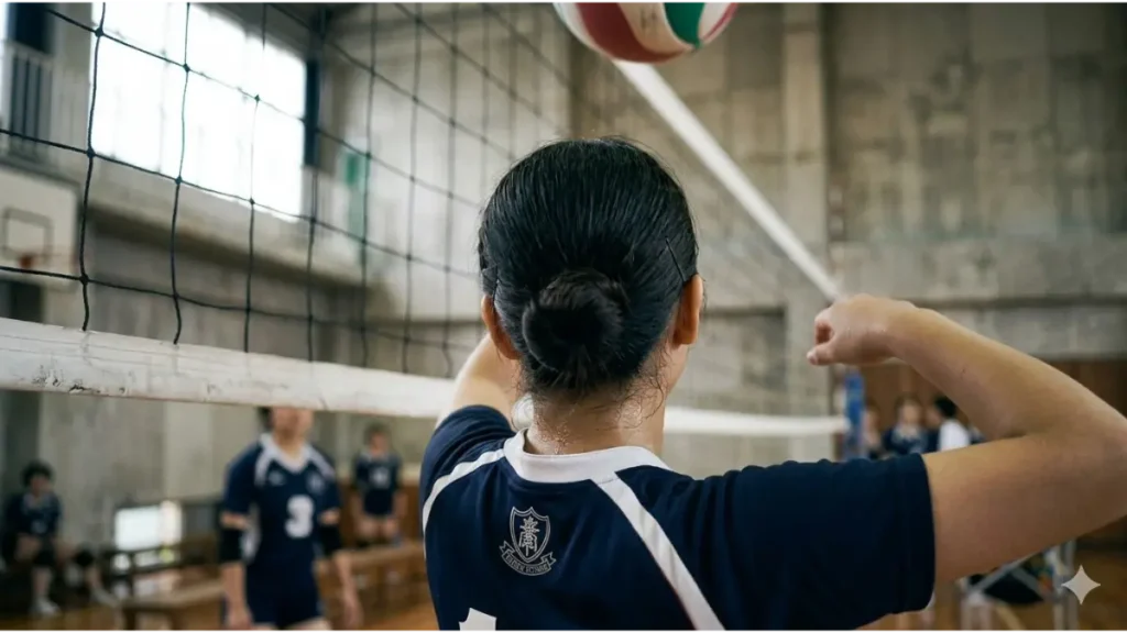 日本の学校の体育館で、長い髪をコンパクトなお団子スタイルにまとめ、練習に励む女子バレー部員の後ろ姿。汗ばんだ肌と、眉の上で切り揃えられ、激しい動きでも視界を遮らないように管理された前髪が強調されている。背景のボケには高いネットが映り込み、体格の壁を暗示している。