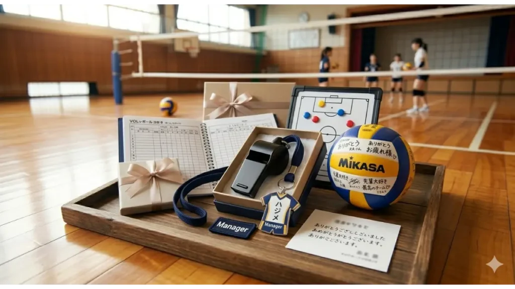 バレーボール部の体育館で、マネージャーの専門道具（専用ホイッスル、スコアブック、作戦盤、寄せ書きボール、チャーム、感謝のメッセージカード、マネージャーマーク）を並べた実写風写真。背景に blurredなネットと練習中の選手たち。
