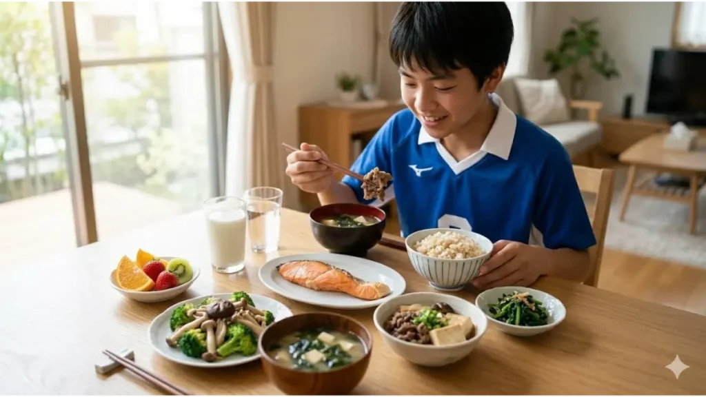成長期のアスリートに必要な亜鉛とビタミンDを豊富に含む栄養バランスの良い和食膳(鮭の塩焼き、牛肉すき焼き、きのことブロッコリーのソテー、麦ご飯、味噌汁、フルーツ、牛乳、水)。 の小柄な選手が健康的に食べる様子。