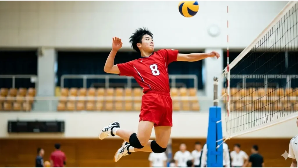驚異的なジャンプ力でスパイクを放つ日本人中学生バレーボール選手。オポジットに必要な身体能力を象徴。