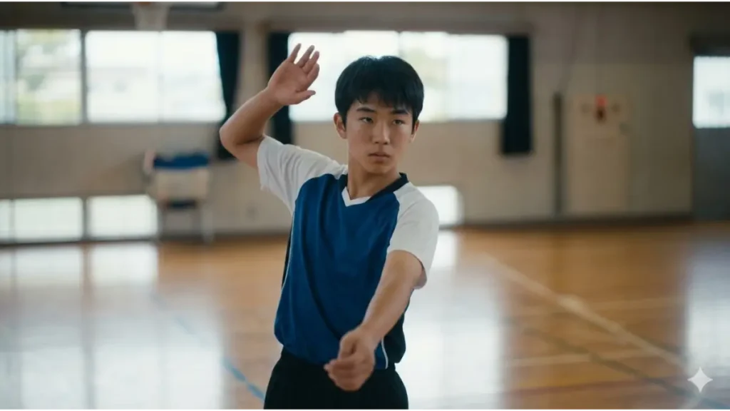 体育館で集中してオーバーハンドサーブを打つ構えをする中学生バレーボール選手。攻守の起点となる役割を表現。