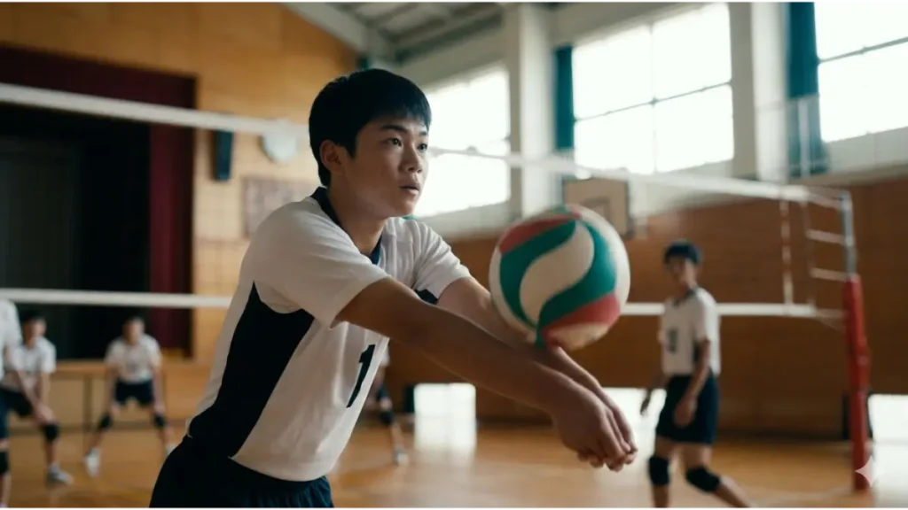 体育館で集中してサーブレシーブ（レセプション）をする中学生バレーボール選手。攻守の要としての役割を極める姿を表現。