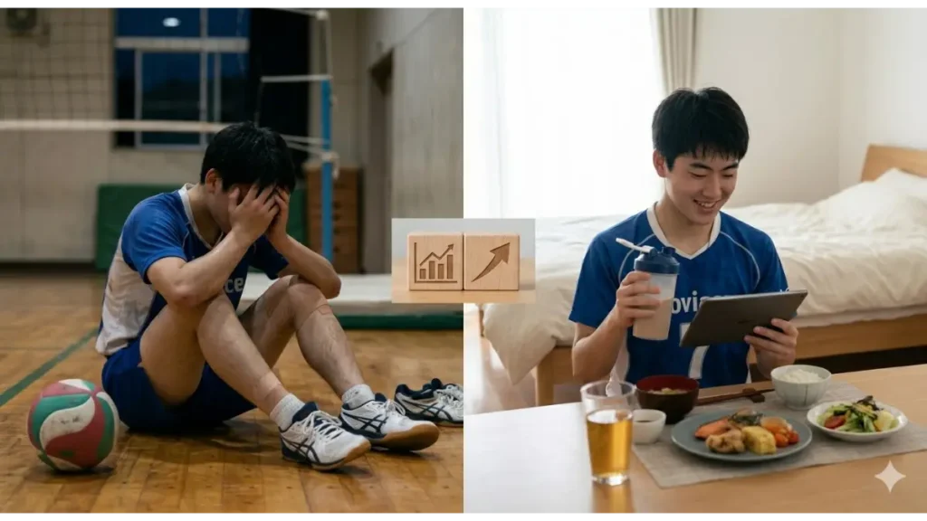 成長期の日本人男子バレーボール選手のオーバーワーク症状と回復戦略の対比を視覚化した実写風画像。左側は薄暗い夕暮れの体育館で疲労困憊して床に座り込む選手（シンスプリントのテーピング、汗、暗い表情、膝を抱える、使い古されたボールとシューズ）。右側は明るい自宅で健康的で元気な同じ選手（ノビエースシェイカー、起床時心拍数の記録、バランスの取れた食事、快適なベッド）。中央に成長と戦略を意味する小さな木製のオブジェ。