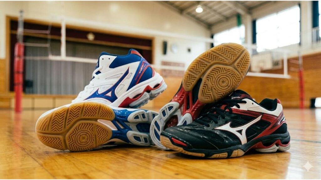 屋内ジムのコートに置かれた2足のバレーボールシューズ。1足はホワイトにブルーとレッドのアシックス、もう1足はブラックにレッドとシルバーのミズノ。両足とも複雑なグリップパターンを持つラバーアウトソールが特徴。