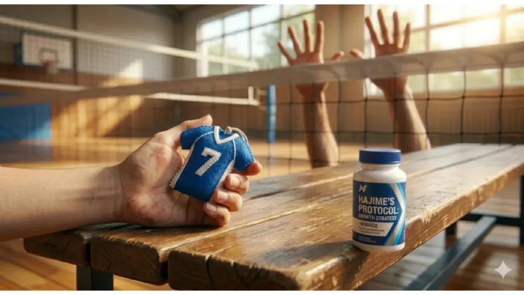 体育館の木製ベンチに座る身長約150cmのバレーボール選手が、背番号7のフェルトお守りを握りしめながら、ネット越しにそびえ立つ180cm以上の高身長ブロッカーの手と腕を見上げている、残酷な体格差を表現した実写風画像。隣にはHAJIME'S PROTOCOL NOBIACEのボトルが置かれている。