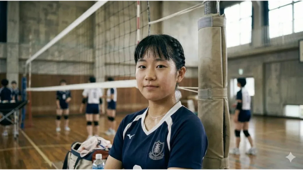 日本の学校の体育館で、練習を終えて自信に満ちた笑顔を浮かべる女子バレー部員。彼女は、眉の上で切り揃えられ、激しい動きでも視界を遮らないように管理された前髪と、サイドを編み込んだタイトな髪型で、最高の自分を表現している。背景には、ぼかされた体育館の風景と高いネットが広がり、体格の壁を克服する成長戦略を暗示している。