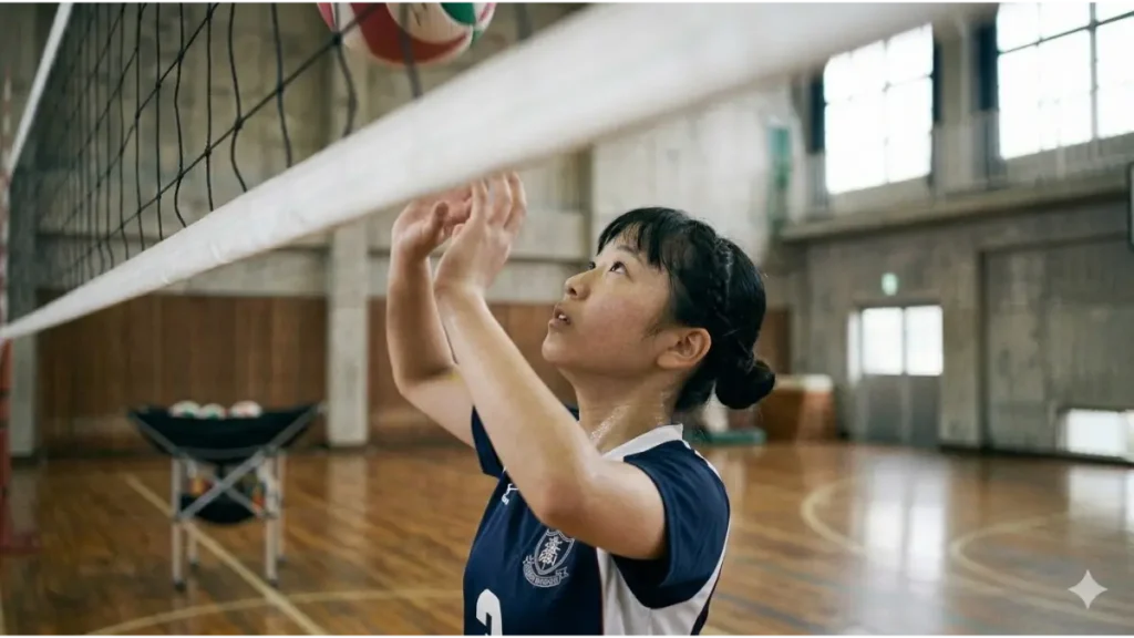 日本の学校の体育館で、バレーボールをプレイ中の小柄な女子生徒の顔のアップ。汗ばんだ肌と、眉の上で切り揃えられ、激しい動きでも視界を遮らないように管理された前髪が強調されている。背景のボケには高いネットが映り込み、体格の壁を暗示している。