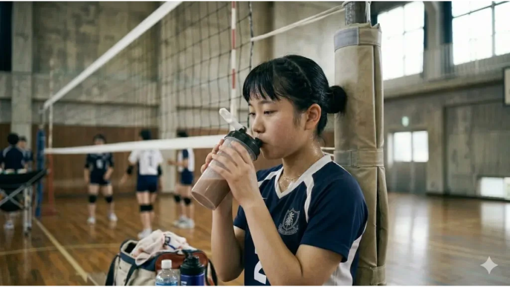ココア味の栄養補給飲料をシェイカーで飲む女子バレー部員。