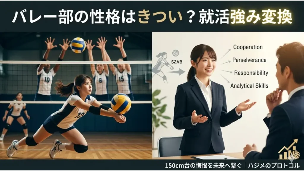 分割されたブログ記事用アイキャッチ画像。左側は、体育館で女子バレーボール選手がレシーブをするためにダイブしているシーン。右側は、スーツ姿の同じ女子学生が就職面接で自信を持って話しているシーン。上部には「バレー部の性格はきつい？ 就活強み変換」という大きな日本語のテキスト。面接シーンでは、バレーボールのアクションから協調性（Cooperation）、忍耐力（Perseverance）、責任感（Responsibility）、分析力（Analytical Skills）といったビジネススキルへ変換される様子が矢印で示されている。下部には「150cm台の悔恨を未来へ繋ぐ | ハジメのプロトコル」というテキスト。