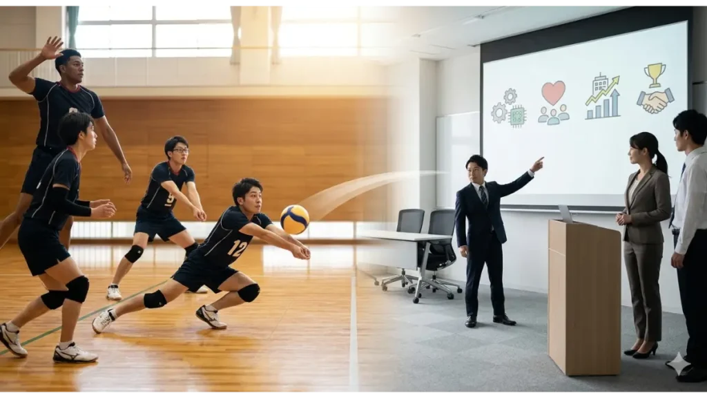 体育館でバレーボールのレシーブをする背番号12の選手（左側）と、ビジネス会議でプレゼンテーションをするスーツ姿の同じ男性（右側）を合成した画像。プレゼンテーションのスクリーンには、技術、チームワーク、成長、リーダーシップに関連するピクトグラムが表示されている。