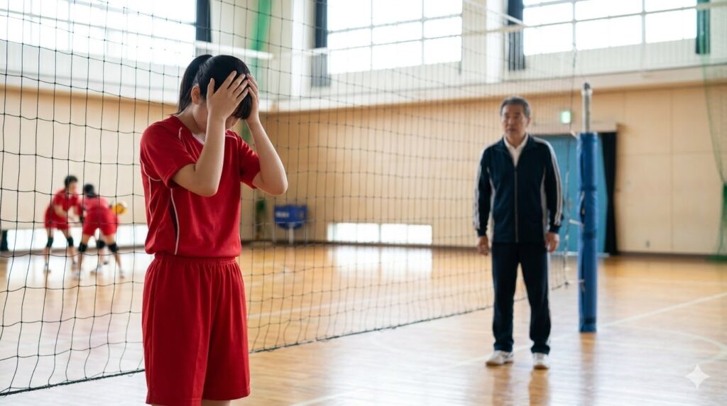 JVA登録漏れで試合に出られず、体育館で頭を抱えて落ち込む日本人の中学生女子バレーボール選手。