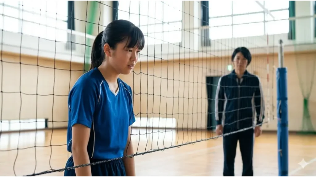 高身長の相手を前に、身長の低さに悔しさを滲ませる日本人の中学生女子バレーボール選手。