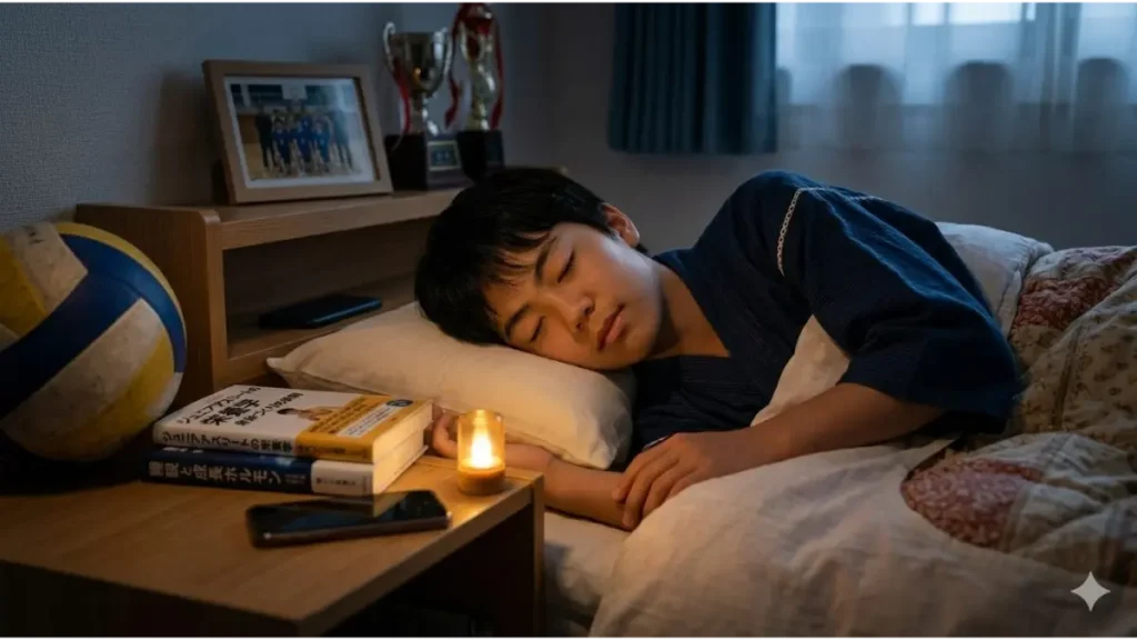 夜、自室で深く眠る日本人の中学生バレーボール選手( 小柄な選手)。枕元の本棚には栄養学の本、睡眠の本、そしてバレーボールが置かれ、深い睡眠と成長ホルモン分泌を象徴している。