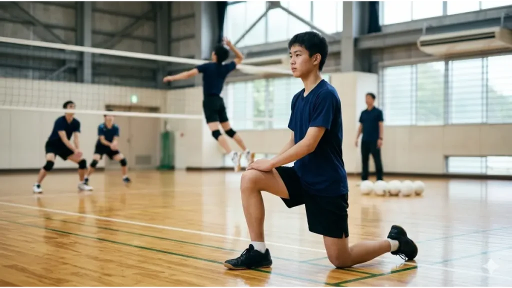 体育館で下半身のストレッチをする日本人中学生バレーボール選手と、練習風景。