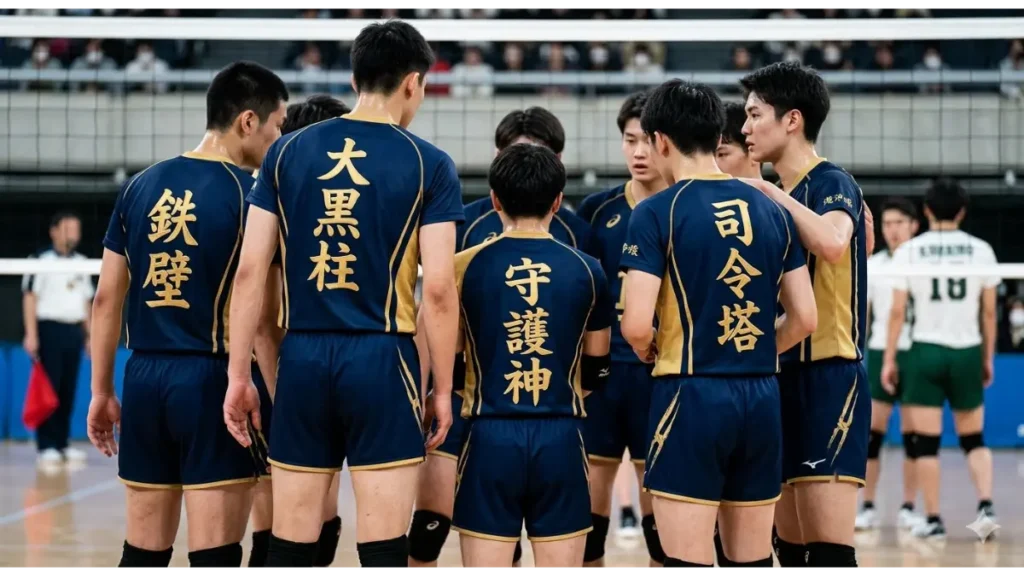 体育館での試合前の円陣で、背中に漢字のポジション別称が刺繍されたバレーボールチームの選手の背中。鉄壁、大黒柱、守護神、司令塔の文字が見え、ポジションごとの役割とアイデンティティを体現している。