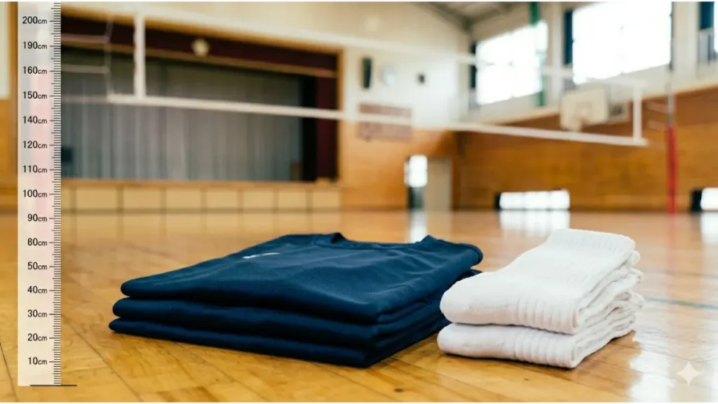 屋内ジムのコートに折りたたまれた、ネイビーブルーのポリエステル素材のバレーボール練習着3枚と、白い厚手のソックス2足。背景には blurred(ぼかした) junior high school 学生が練習している姿が見える。